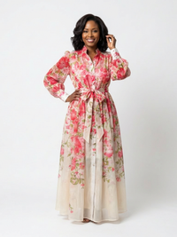 Adelheid | Damen Blumen Maxikleid mit Langarm - Rot