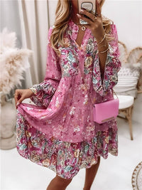 Adelheid | Damen Blumenmuster V-Ausschnitt Langarm Midi Kleid - Rosa