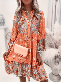 Adelheid | Damen Blumenmuster V-Ausschnitt Langarm Midi Kleid - Orange