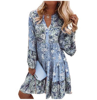 Adelheid | Damen Blumenmuster V-Ausschnitt Langarm Midi Kleid - Blau