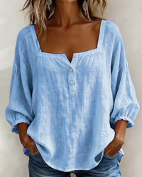 Leontien - Baumwollbluse Mit Quadratischem Ausschnitt Und Langen Ärmeln - Blau