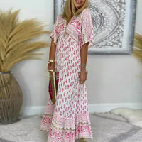 Allegra | Damen Boho Maxikleid Kurze Ärmel - Rosa