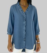 Amalia | Damen Rüschen V-Ausschnitt Bluse - Blau