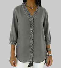 Amalia | Damen Rüschen V-Ausschnitt Bluse - Grau