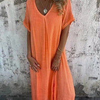 Amber | Damen Midikleid V-Ausschnitt Elegant Natürlich - Orange