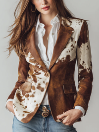Amelie | Damen Taillierter Retro Kuhmuster Anzugjacke - Braun