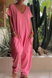 Amira | Damen V Ausschnitt Kurze Ärmel Jumpsuit - Rosa