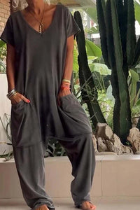 Amira | Damen V Ausschnitt Kurze Ärmel Jumpsuit - Grau