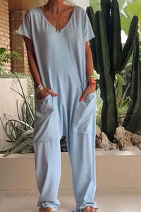Amira | Damen V Ausschnitt Kurze Ärmel Jumpsuit - Blau