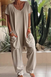 Amira | Damen V Ausschnitt Kurze Ärmel Jumpsuit - Beige