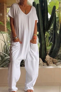 Amira | Damen V Ausschnitt Kurze Ärmel Jumpsuit - Weiß