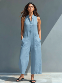 Anastasia | Damen Ärmellos Jumpsuit mit Knopfleiste - Blau