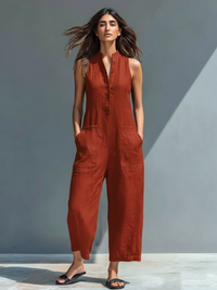 Anastasia | Damen Ärmellos Jumpsuit mit Knopfleiste - Rot