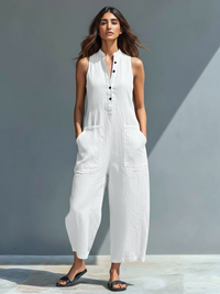 Anastasia | Damen Ärmellos Jumpsuit mit Knopfleiste - Weiß