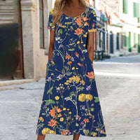 Annabella | Damen Blumen Midi Sommerkleid - Dunkelblau