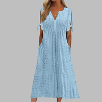 Anneke | Damen Lochstickerei V-Ausschnitt Midikleid - Blau