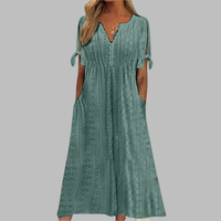 Anneke | Damen Lochstickerei V-Ausschnitt Midikleid - Dunkelgrün
