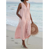 Annelie | Damen Ärmelloses Midikleid V-Ausschnitt Knopfleiste - Rosa
