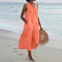 Annelie | Damen Ärmelloses Midikleid V-Ausschnitt Knopfleiste - Orange