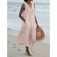 Annelie | Damen Ärmelloses Midikleid V-Ausschnitt Knopfleiste - Beige