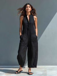 Anneliese | Damen Ärmelloser Jumpsuit mit Knopfverschluss - Schwarz