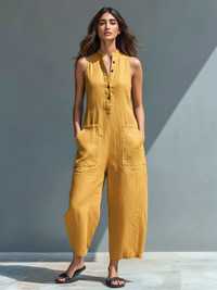 Anneliese | Damen Ärmelloser Jumpsuit mit Knopfverschluss - Gelb
