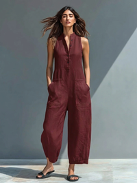 Anneliese | Damen Ärmelloser Jumpsuit mit Knopfverschluss - Rot