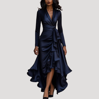 Anneliese | Damen Wickelkleid Langarm Volant Maxikleid - Marineblau