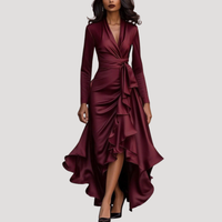 Anneliese | Damen Wickelkleid Langarm Volant Maxikleid - Weinrot