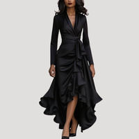 Anneliese | Damen Wickelkleid Langarm Volant Maxikleid - Schwarz