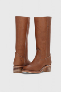 Annika | Damen Kniehohe Blockabsatz Lederstiefel - Dunkelbraun