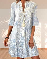 Anouk | Damen Boho Kleid V-Ausschnitt 3/4 Ärmel - Blau