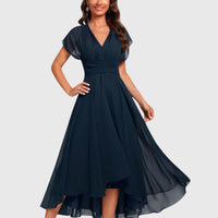 Aramina | Damen V-Ausschnitt A-Linie Midikleid - Blau