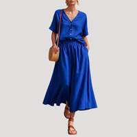 Arlinde | Damen Zweiteiler V-Ausschnitt Midi Rock Set - Blau