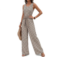 Ärmelloser Damen-Jumpsuit mit V-Ausschnitt, weitem Bein und Taillenband - Beige