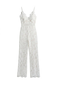 Ärmelloser Spitzen-Jumpsuit mit V-Ausschnitt und weitem Bein für Damen - Weiß