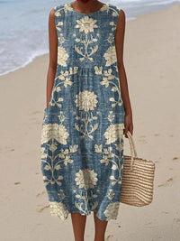 Ärmelloses Damen-Midi-Kleid mit floralem Patchwork-Muster - Blau