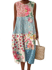 Ärmelloses Damen-Midi-Kleid mit floralem Patchwork-Muster - Rosa