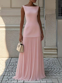 Ärmelloses Maxi-Kleid für Damen mit Plisseerock - Rosa