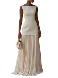 Ärmelloses Maxi-Kleid für Damen mit Plisseerock - Beige
