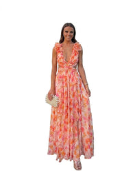 Ärmelloses Maxikleid mit Blumenmuster für Damen - Orange