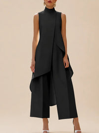 Ärmelloses Set aus Mock-Neck-Tunika und Wide-Leg-Hose für Damen - Schwarz