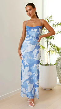 Ashley | Damen Maxikleid Blumenmuster Fließend Elegant - BLAU