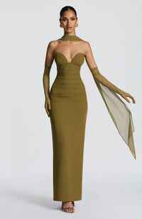 Valentina | Damen Gelber Leichter Stretch Mesh Kleid Schal - Olivgrün
