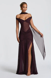 Valentina | Damen Gelber Leichter Stretch Mesh Kleid Schal - Kaffee