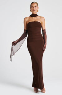 Valentina | Damen Gelber Leichter Stretch Mesh Kleid Schal - Dunkelbraun