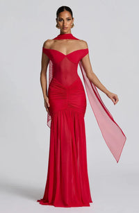 Valentina | Damen Gelber Leichter Stretch Mesh Kleid Schal - Rot
