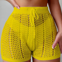 Ajour Kurze Hose mit hoher Taille für Damen, schicke und lässige Strandmode für Urlaub und Freizeit - Gelb