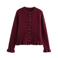 Rüschen Frauen Cardigan mit Knöpfen, Schickes Schichted Oberteil - Rot