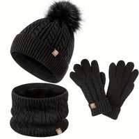 3-teiliges Winterset für Damen mit Mütze, Schal und Handschuhen - Schwarz